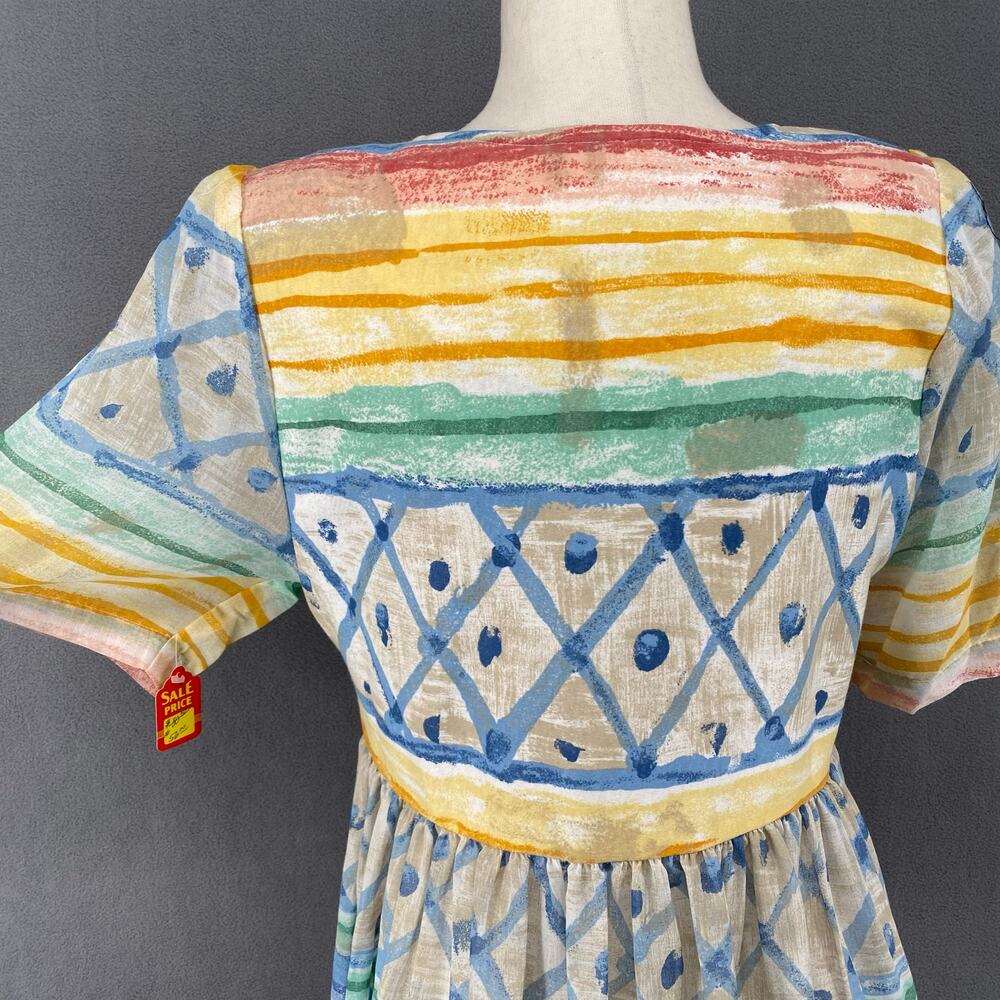 Vtg NOS 90s Two Potato Artsy Watercolor A Line Midi Dress M Petite Sheer Pastel - Picture 6 of 16